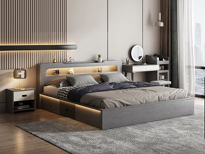Modern Double Bed Interior with LED Headboard Nightstand Striped Wall and Round Mirror 3d model