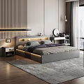 Modern Double Bed Interior with LED Headboard Nightstand Striped Wall and Round Mirror
