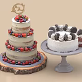 Fruit Decorated Multi Layer Cake On Wooden Stump Tray And Oreo Cookies Single Layer Cake