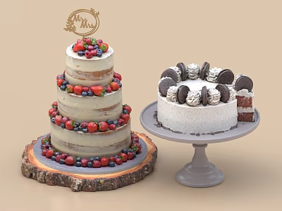 Fruit Decorated Multi Layer Cake On Wooden Stump Tray And Oreo Cookies Single Layer Cake 3d model