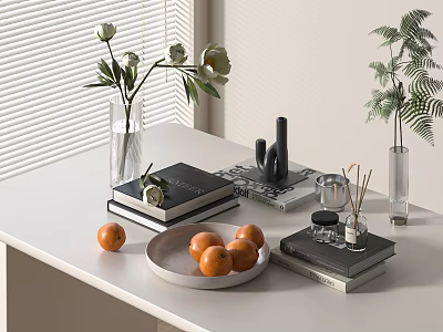 Decorative Ornament Set On White Table With Vase Flowers Books Oranges And Aromatherapy Sticks 3d model