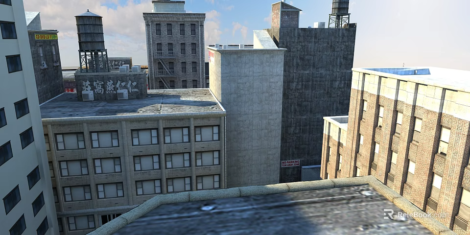 Old Industrial Style Residential Buildings With Brick Concrete Exteriors And Roof Equipment Under Blue Sky 3d model 