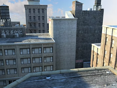 Old Industrial Style Residential Buildings With Brick Concrete Exteriors And Roof Equipment Under Blue Sky 3d model