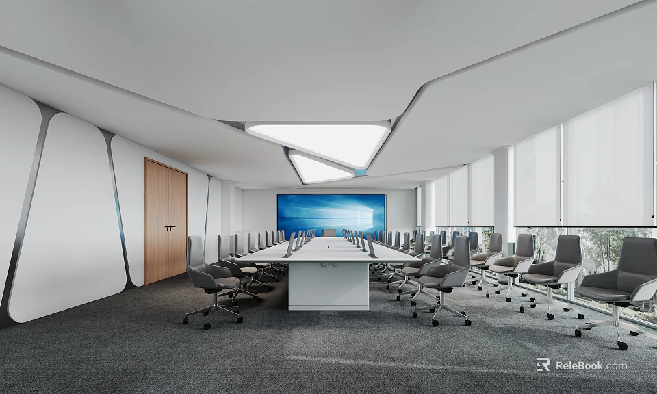 Modern Conference Room Interior With Long Table Multiple Chairs Large Windows And Wall Screen 3d model