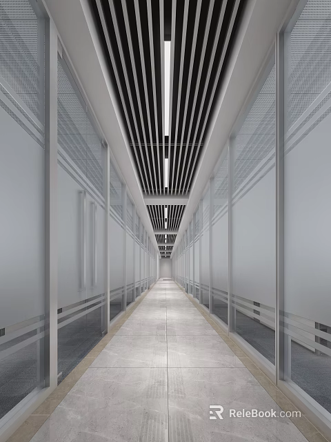 Modern Office Corridor With Glass Partitions Linear Ceiling And Polished Flooring 3d model 