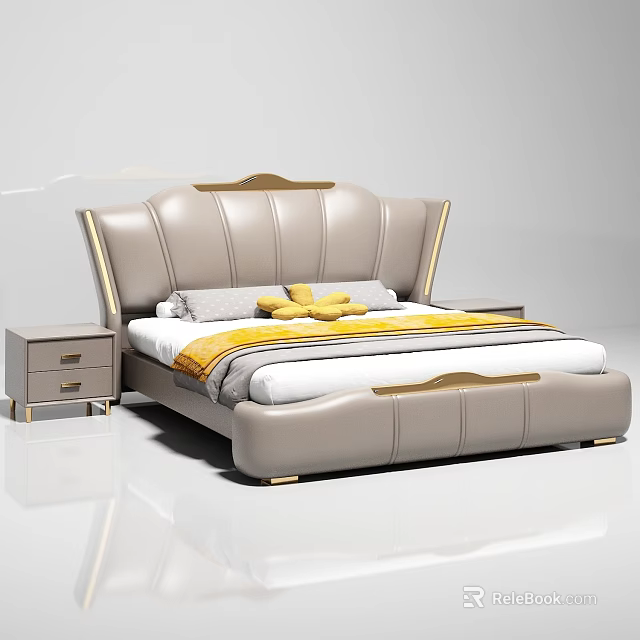 Modern Double Bed With Leather Headboard Gold Accents And Bedside Tables 3d model 