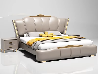 Modern Double Bed With Leather Headboard Gold Accents And Bedside Tables 3d model