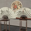 Traditional Folding Fans On Wooden Stands With Round Decorative Painting In Indoor Space