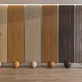 Interior Wall Panels In Various Wood Tones With Decorative Spheres Green Plant And Wooden Flooring