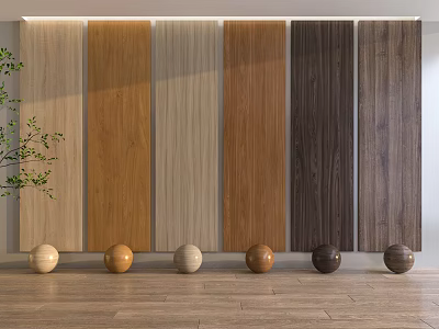 Interior Wall Panels In Various Wood Tones With Decorative Spheres Green Plant And Wooden Flooring 3d model
