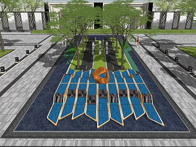 Modern Entrance Gate Design With Landscaped Area Trees Water Feature And Sculptural Element 3d model