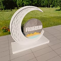 Garden Ornament Crescent Shaped Sculpture With Moon Base Design And Green Grassland Trees