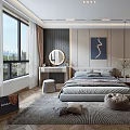 Modern Bedroom Interior Design With Gray Bedding Large Window Dressing Table And Built In Wardrobe 3d model