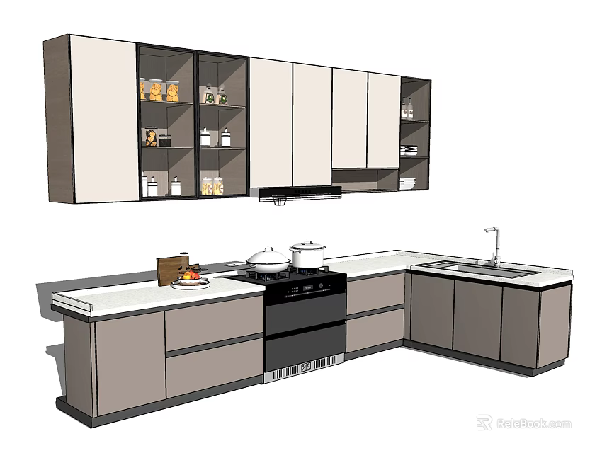 Modern Kitchen Cabinets With Upper Lower Storage Glass Door Design And Countertop Appliances 3d model 