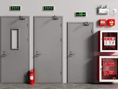 Safety Exit Signs With Fire Doors Extinguishers And Fire Cabinets Setup 3d model