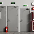 Safety Exit Signs With Fire Doors Extinguishers And Fire Cabinets Setup