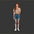 Woman With Red Hair Wearing Striped T-Shirt Denim Shorts And White Shoes On Gray Background
