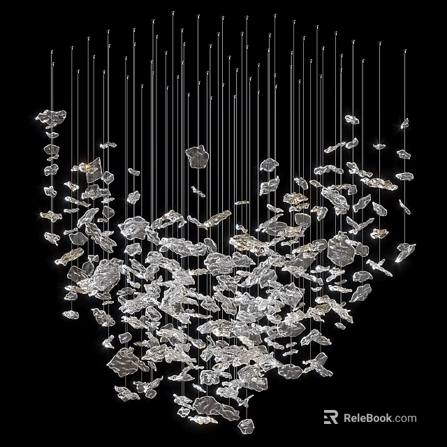 Modern Artistic Chandelier With Hanging Glass Petals And Metallic Suspension Wires 3d model 