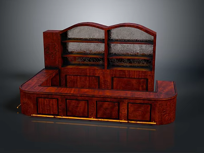 Wooden Bar Counter Design with Arched Glass Doors Upper Cabinets Lower Drawers and Mahogany Storage 3d model