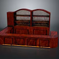 Wooden Bar Counter Design with Arched Glass Doors Upper Cabinets Lower Drawers and Mahogany Storage