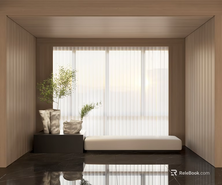 Modern Entryway Hallway With Wooden Walls Window Bench And Marble Floor 3d model 