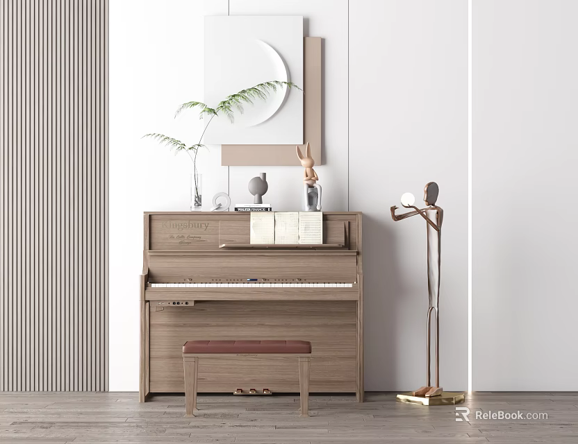 Modern Wooden Piano Interior With Artistic Decorations And Elegant Floor Lamp 3d model 