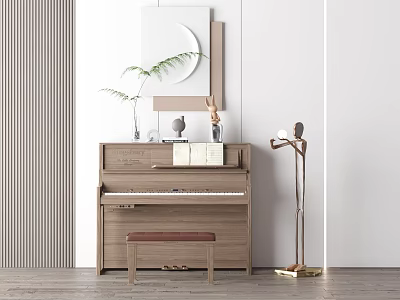 Modern Wooden Piano Interior With Artistic Decorations And Elegant Floor Lamp 3d model