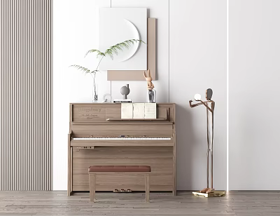 Modern Wooden Piano Interior With Artistic Decorations And Elegant Floor Lamp 3d model