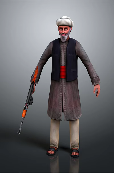 Man in White Turban Dark Vest Long Robe Holding Rifle Light Pants Sandals Gray Background 3d model