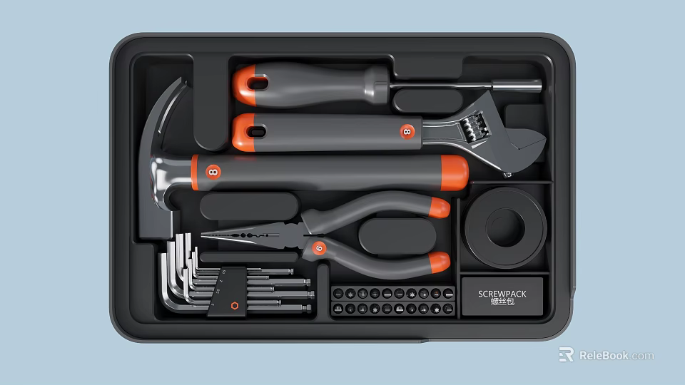 Complete Hardware Tools Set With Hammer Wrench Pliers Screwdrivers And Socket Bits 3d model 