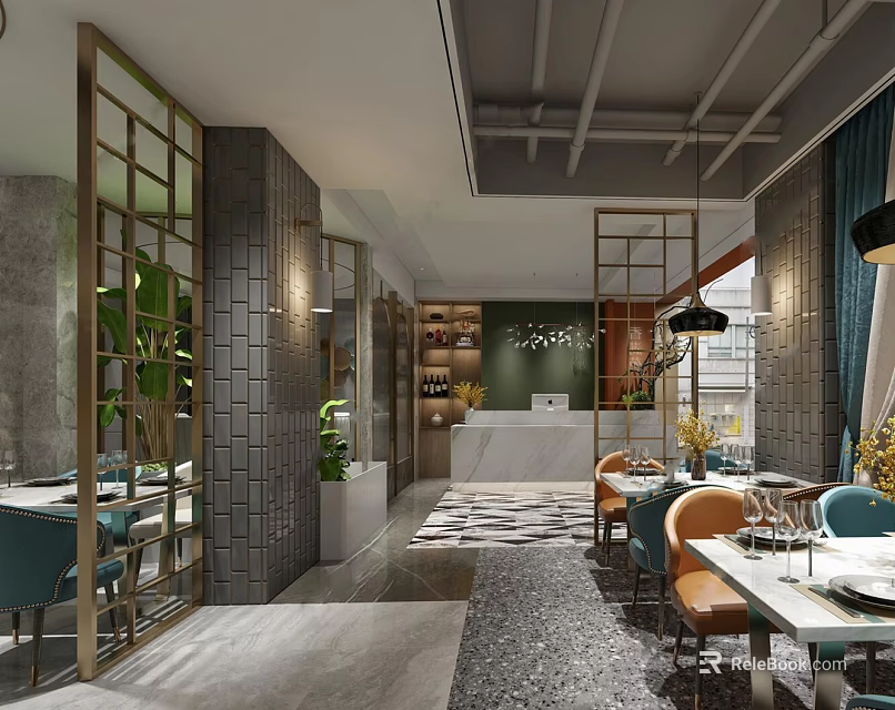 Industrial Style Restaurant Interior Design With Colorful Chairs Dining Tables And Green Plants 3d model 