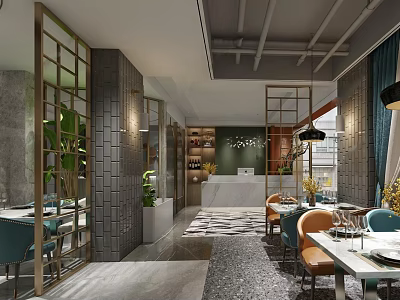 Industrial Style Restaurant Interior Design With Colorful Chairs Dining Tables And Green Plants 3d model