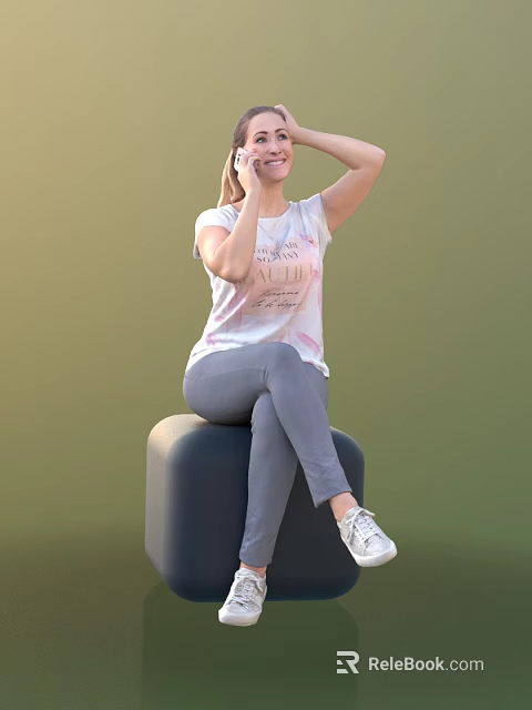 Woman Sitting On Black Cube Talking On Phone In White T-shirt Gray Pants White Sneakers 3d model 