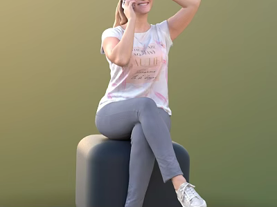 Woman Sitting On Black Cube Talking On Phone In White T-shirt Gray Pants White Sneakers 3d model