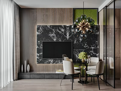 Modern Dining Table Set With Chairs Black Marble Backdrop Wooden Wall Chandelier And Green Plants 3d model