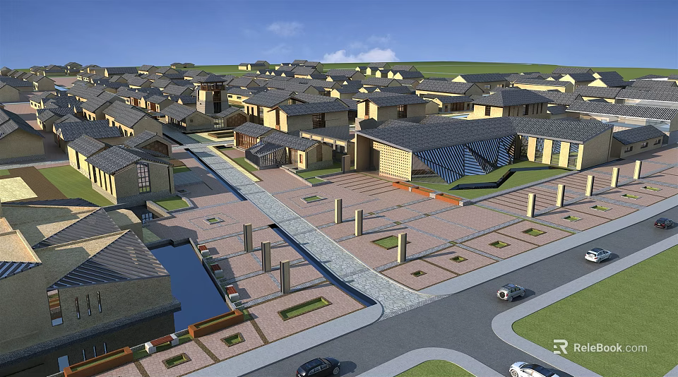 Scenic Traditional Commercial Street With Rows Of Buildings Neatly Paved Roads And Plaza 3d model 