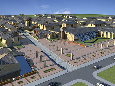 Scenic Traditional Commercial Street With Rows Of Buildings Neatly Paved Roads And Plaza 3d model