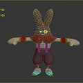 Playful Cartoon Rabbit Character with Large Ears Brown Scarf Gray Striped Overalls and Silver Shoes