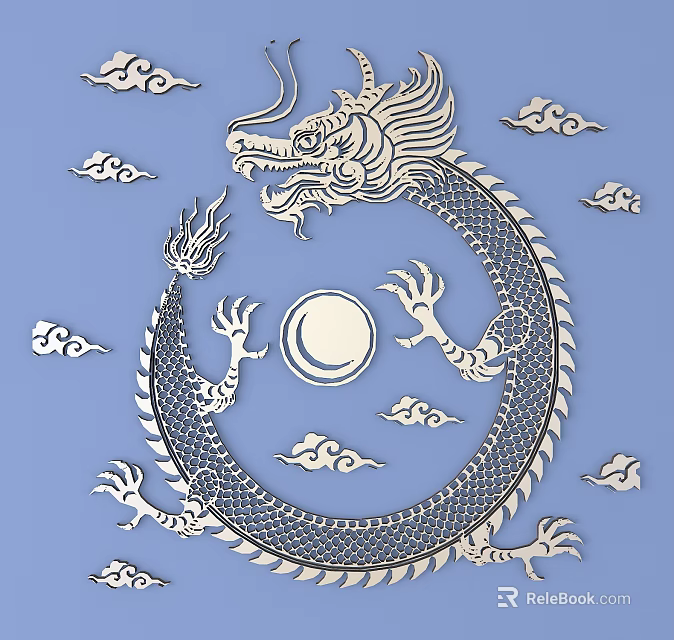 Intricate Dragon Clouds And Moon Carving Design On Blue Background 3d model 