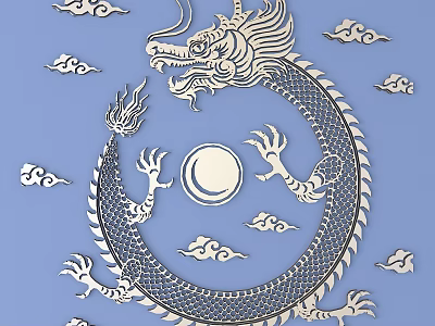 Intricate Dragon Clouds And Moon Carving Design On Blue Background 3d model