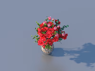 Beautiful Red and Pink Roses in Transparent Glass Vase with Pebbles and Green Leaves 3d model