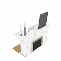 Elegant Marble Fireplace With Framed Painting Books And Candles On Mantel And Burning Fire Inside