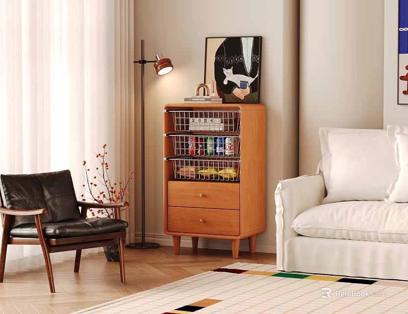 Modern Living Room Interior With Black Leather Chair White Sofa Wooden Cabinet And Floor Lamp 3d model 