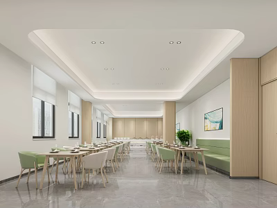 Modern Restaurant Interior Design With Long Tables Green Chairs Booth Seating And Windows 3d model
