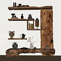 Rustic Wooden Shelf Unit With Clay Pots Teapots Books And Decorative Vases