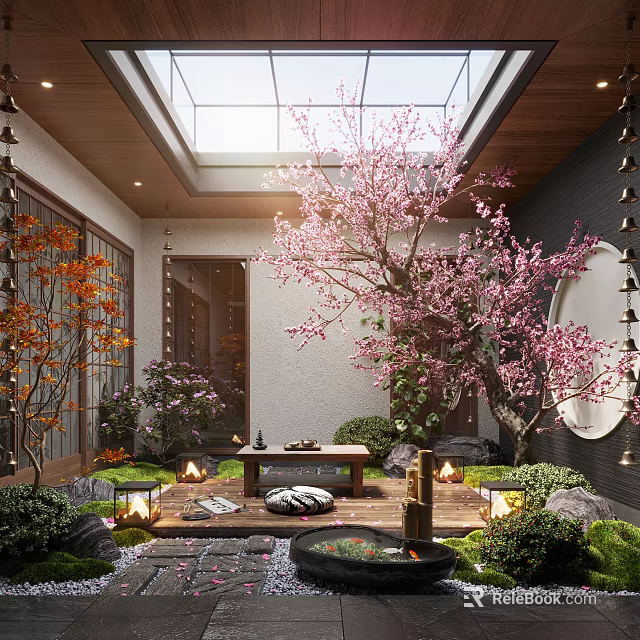 Japanese Courtyard Garden With Cherry Blossom Tree Glass Skylight Stone Table Lanterns And Green Plants 3d model 