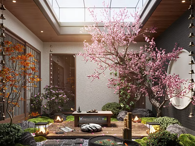 Japanese Courtyard Garden With Cherry Blossom Tree Glass Skylight Stone Table Lanterns And Green Plants 3d model