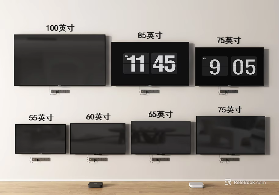 Wall Mounted TVs with Multiple Sizes Including 55 65 75 85 and 100 Inch Screens 3d model 