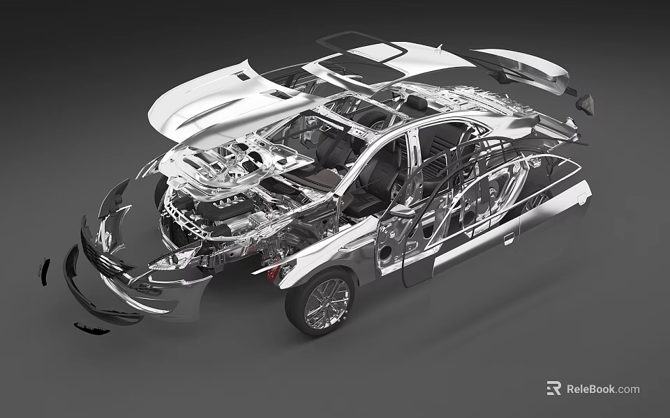 Car Exploded View With Internal Components Frame Structure And Design 3d model