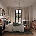 Cozy Bedroom Interior With Green Wardrobes Bedding Ceiling Pendant Light Framed Wall Art And Rug